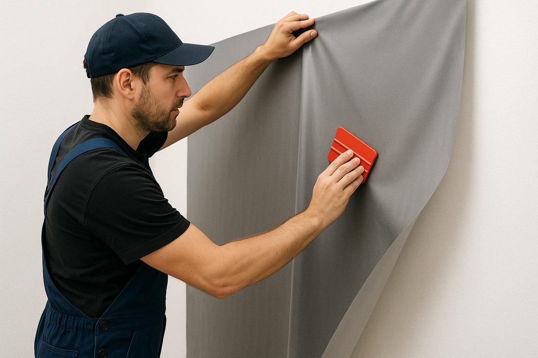 מתקין מדבקת ויניל על קיר 